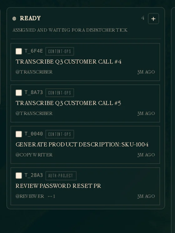 Painel de tarefas do Hermes Agent, com cartões atribuídos a agentes nas colunas a fazer, pronto e em progresso