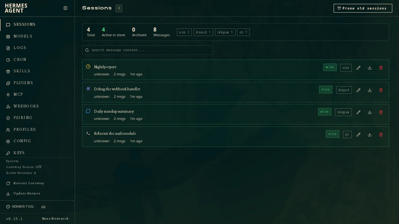 Lista de sessões de conversa no painel do Hermes